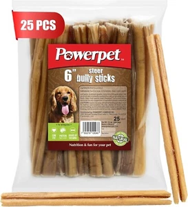 Powerpet- All Natural Bully Sticks Steer "Thin" 6inch-BRC CERTIFIED - Picture 1 of 16