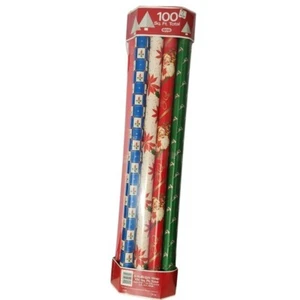 Vintage 90s CLEO Christmas Wrapping Paper 8 Rolls 100 sq ft NEW Santa Poinsettia - Picture 1 of 4