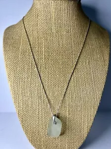 Sterling Silver Framed Green Sea Glass Pendant Chain 24” Italy 925 Vintage Gift - Picture 1 of 9