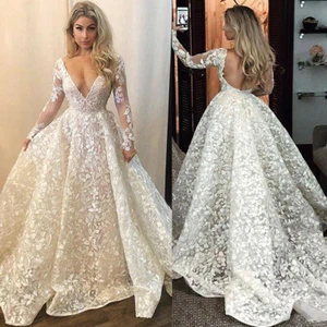 Long Sleeve Wedding Dress Sexy V Neck Floral Lace Applique Backless Bridal Gowns - Picture 1 of 11