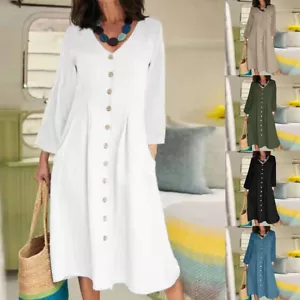 Vestido para mujer cuello en V manga larga color liso suelto cintura alta algodón lino - Imagen 1 de 14