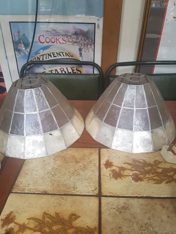 Pair Vintage Capiz Shell Ceiling Pendant Lampshades Natural & Silver Cover