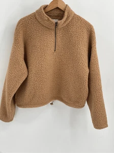 American Eagle Sherpa Sweatshirt Women Medium 1/4 Zip Crop Oversized Tan Camel - Picture 1 of 14