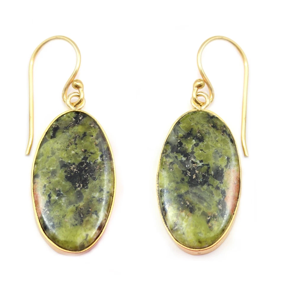 Natural Pear Green Unakite Oval Shape Gold Plated Earrings For Her Boho Jewelry - Image 1 of 1