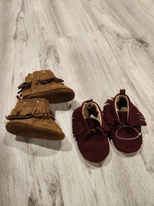 Old Navy Sz 6-12 M Baby Moccasins Burgundy Fringe Crib Soft Sole Shoes Brown  - Picture 1 of 6