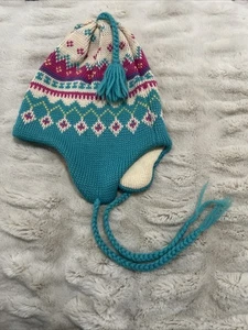 Vintage Smiley Wool Hat Beanie Ski Knit Cap Chin Ties Tassle Turquoise Pink - Picture 1 of 6