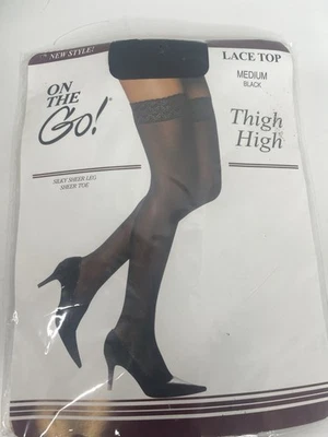 On The Go! Thigh High Lace Top Med Black Silky Sheer Leg Sheer Toe Stockings - Image 1 of 4