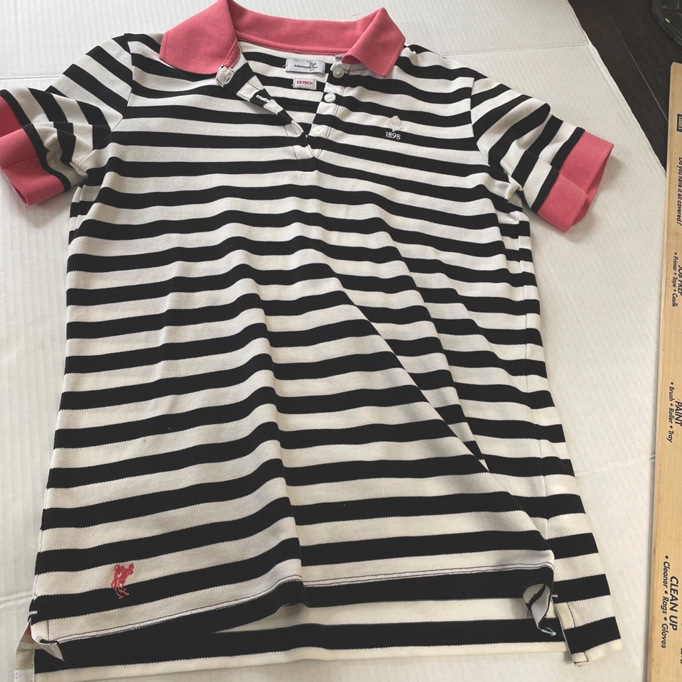 Ashworth EZ Tech Striped Black White Preppy Polo Golf Shirt W Pink Collar - Image 1 of 4