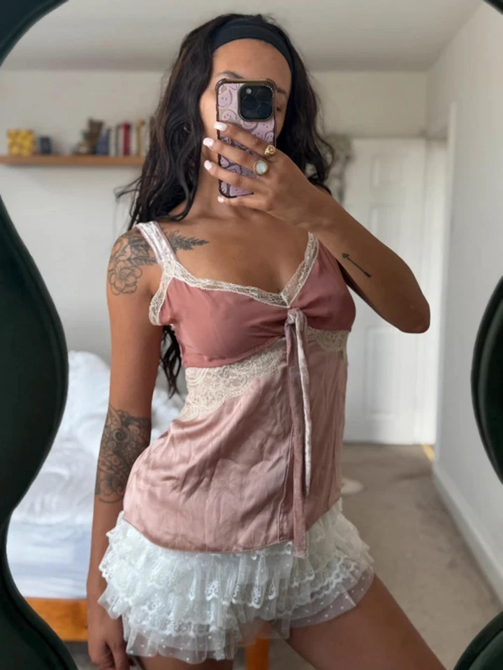 Винтажный атласный топ Y2k D&G с кружевной отделкой Fairycore - Изображение 1 из 4