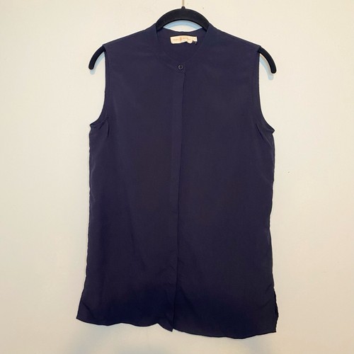 Camicetta tunica senza maniche Tory Burch donna taglia 4 blu navy bottoni nascosti davanti