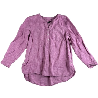 Talbots Top Womens L Purple Linen Popover Button Sides Roll Tab Coastal Resort - Image 1 of 4
