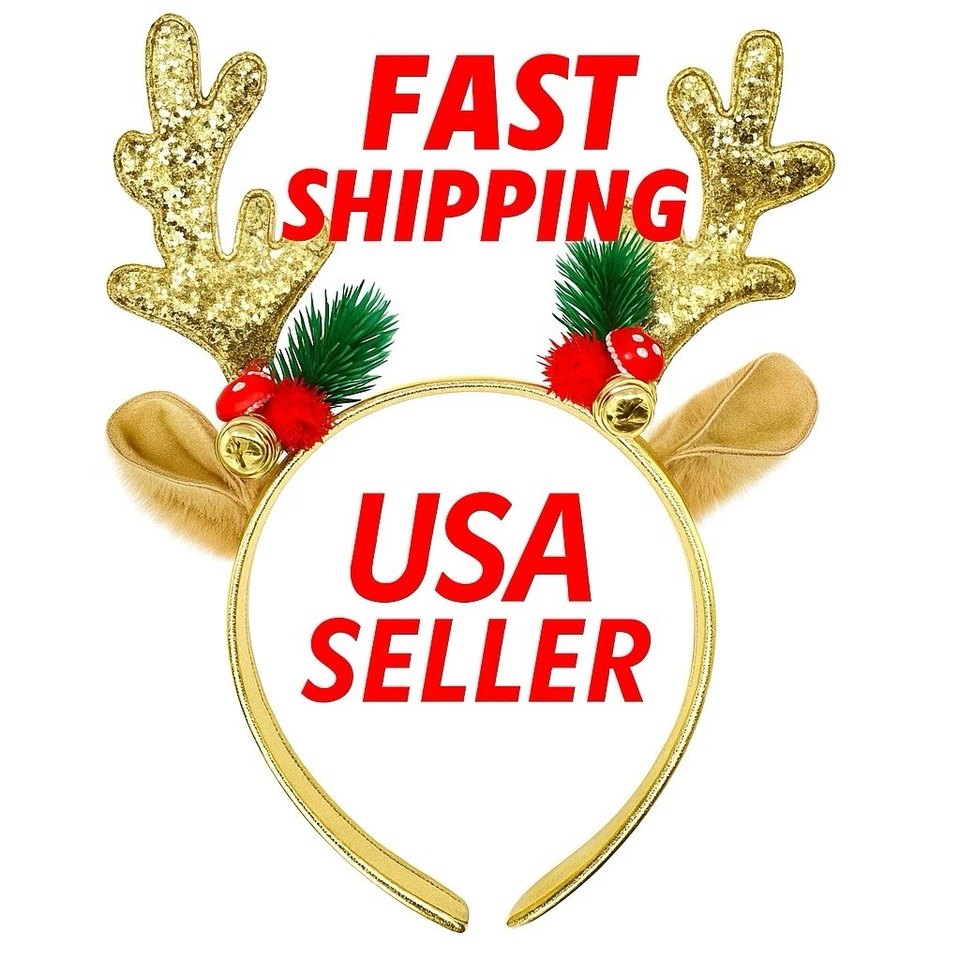 Gold Glitter Reindeer Antler Christmas Headband Holiday Party Hair Accessory - Image 1 of 4