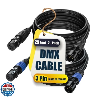 DMX Cable 25 ft 2 Pack - 3 Pin Multi-Color Coded Cables for Professional DMX5 - Image 1 of 4