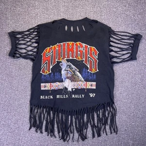 Vintage 90s Sturgis Black Hills Rally '97 Wolf Graphic Fringe Cutout Shirt Biker - Bild 1 von 16