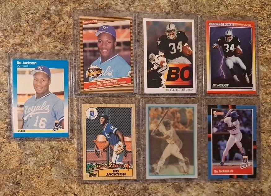 (7) Tarjeta de novato Bo Jackson 1987 Fleer RC Topps 1986 Donruss Sportflics 1990 1991 Foto 1 de 4