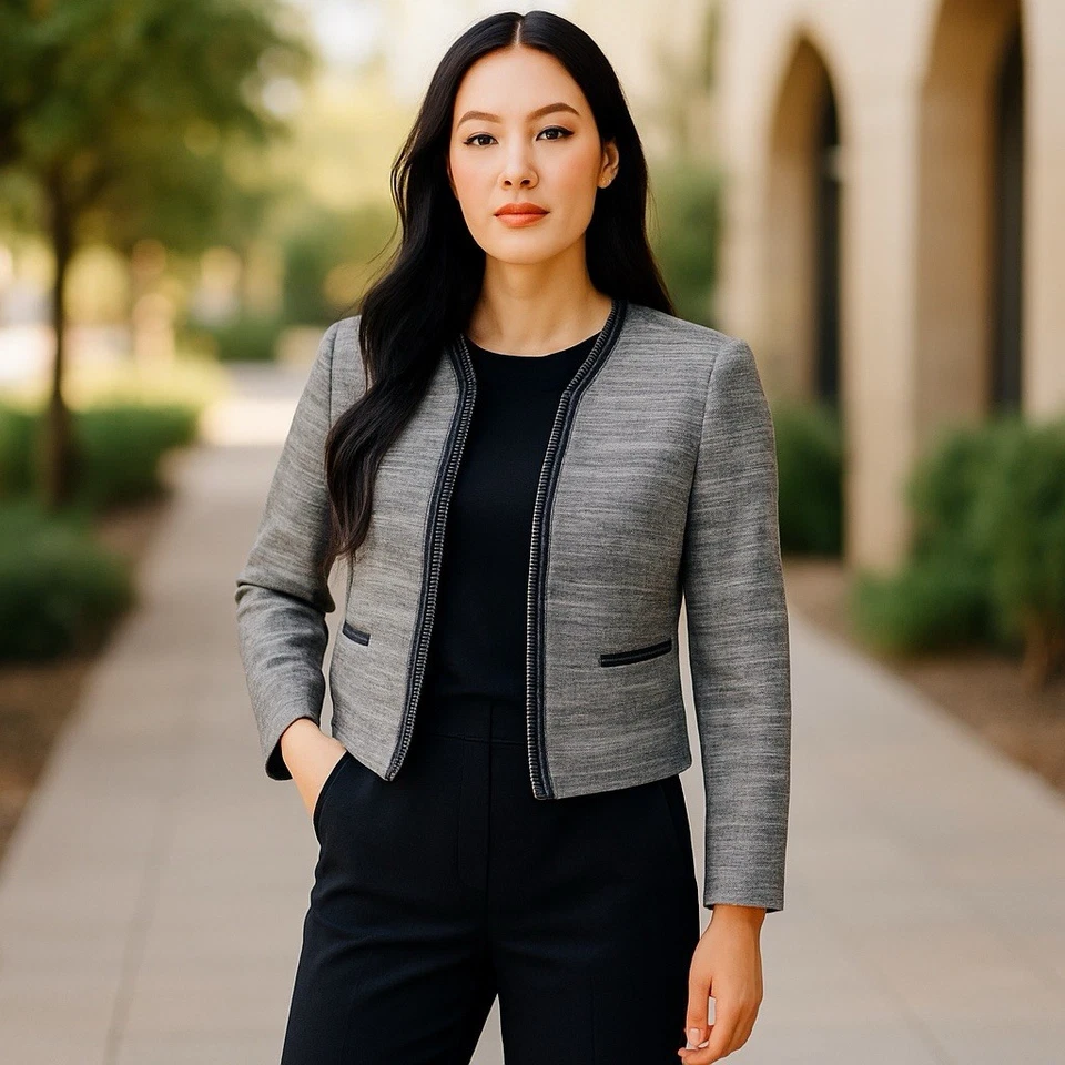 Blazer tamanho 8 Doncaster Collection branco e preto acabamento em couro sintético US$ 475 MSRP NOVO COM ETIQUETAS - Imagem 1 de 4