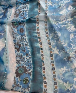 Beaded Blue Boho Floral Stripe - Crinkle Silk Chiffon Fabric - Picture 1 of 7
