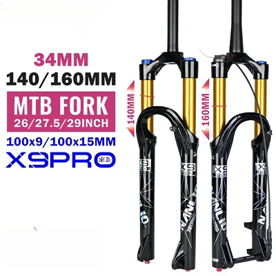 Forcelle sospensione pneumatica 140/160mm viaggio mtb bici 100x9/100x15mm 26 27,5 29" 34MM - Immagine 1 di 4