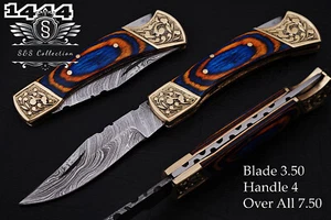 Custom Handmade Damascus Steel Pocket Folding Knife With Premium Leather Cover, - Picture 1 of 5