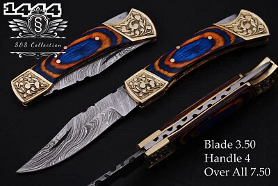 Custom Handmade Damascus Steel Pocket Folding Knife With Premium Leather Cover, - Image 1 of 4