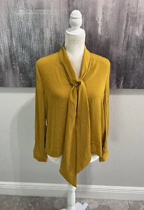 Chelsea 28 Mustard Yellow Satin Long Sleeve Neck Tie Scarf Top Blouse S New - Picture 1 of 10