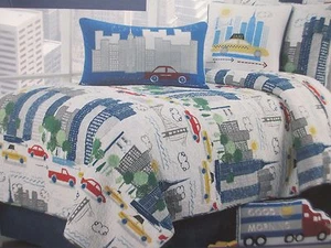 MAX STUDIO Kids City Building Tree Car White Red Green Yellow 2pc Quilt Set-Twin - Picture 1 of 11