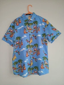 SSLR Mens Size L Blue Hawaiian Santa Christmas Short Sleeve Button Up Shirt - Picture 1 of 5