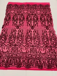 FUCHSIA SHINY SEQUIN DAMASK DESIGN EMBROIDERY ON 4 WAY STRETCH MESH-1YARD - Picture 1 of 6