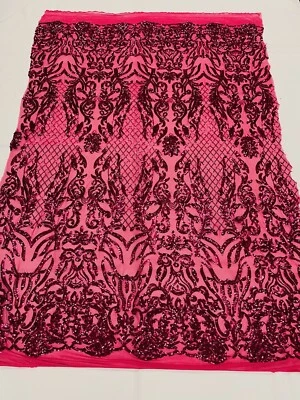 FUCHSIA SHINY SEQUIN DAMASK DESIGN EMBROIDERY ON 4 WAY STRETCH MESH-1YARD - Image 1 of 4