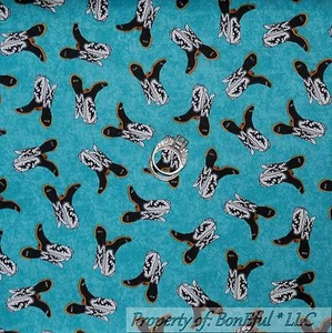 BonEful Fabric FQ Cotton Quilt Blue Black White Leather Cowgirl Boots Holiday US - Picture 1 of 8