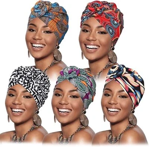 5 Pieces African Turban for Women Knot Pre-Tied Bonnet Beanie Cap Headwrap - Picture 1 of 15
