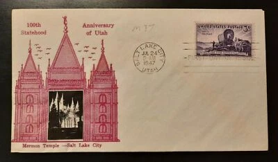 1947 FDC Utah 100th Year Mormon Temple Crosby Photo Cachet Salt Lake City UT  - Image 1 of 2