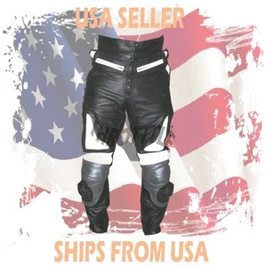 Men's Leather Pant Racing Sports Bike Black White Motorcycle Track Pants #111 - Bild 1 von 2