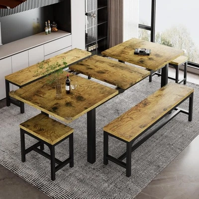 5-Piece Dining Table Set for 4-8 People Extendable Kitchen Table Set Square Stoo - Image 1 of 4