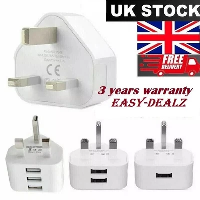 UK 3 Pin Dual USB Plug Adapter Mains Wall Charger 1/2/3-Port For Phones Tablet - Image 1 of 4