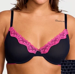 Victoria’s Secret TEASE ungefütterter Halb-BH dunkelblau Netz rosa Spitze 38C neu mit Etikett - Bild 1 von 4