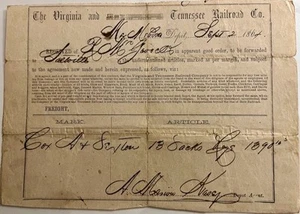 Civil War / September 2 1864 Receipt from The Virginia and Tennessee Railroad Co - Imagen 1 de 2