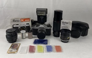 Vintage Pentax K1000 35mm Film Camera Kit W/ Multiple Lenses, Flash, Case Bundle - Picture 1 of 23