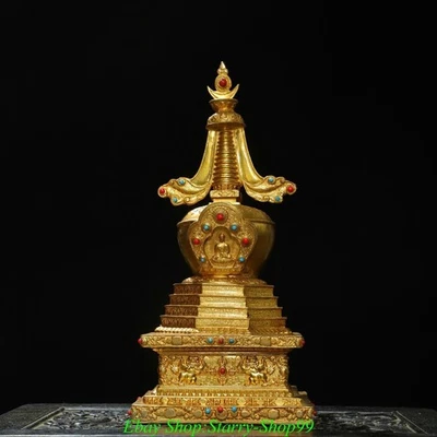 12.9" Old Tibet Buddhism Bronze Gilt Shakyamuni Buddha Stupa Pagoda Tower Statue - Image 1 of 4