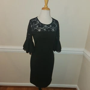 Ryan Michelle Women’s Black With Lace Sheath Dress Bell Sleeves Size M - Picture 1 of 7