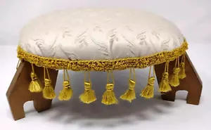 Vintage 3 Legged Foot Stool Boudior Neutral Upholstered Gold Fringe Tassel 11"D - Picture 1 of 12