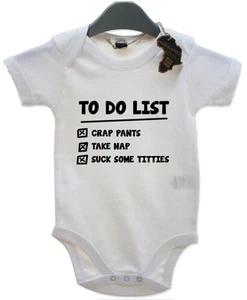 To Do List BabyGrow Newborn Playsuit Gift Vest Funny Baby Grow Birthday Present - Picture 1 of 2