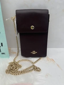 COACH Leather Chain Phone Crossbody Pouch Wallet - Oxblood/Gold - Picture 1 of 6
