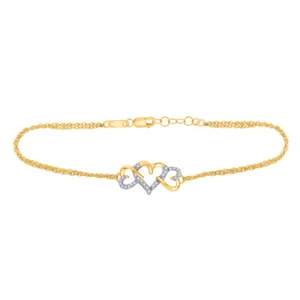 10k Yellow Gold Diamond Triple Heart Chain Bracelet 1/10 Ctw - Picture 1 of 2