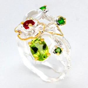 Thai Jewelry Handmade Gift Natural Peridot Silver Ring 925 Sterling / RVS91 - Picture 1 of 3