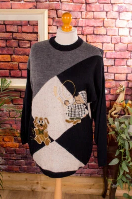 Vintage Knit Sweater Wool Angora Dog Detective Motif Oversize - Image 1 of 4