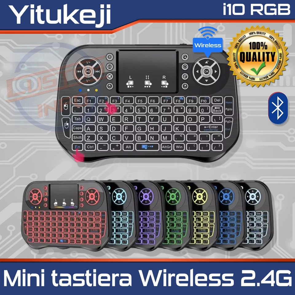 Mini Tastiera Wireless i10, 7 Colori Retroilluminata con Air Mouse Touchpad 2.4G - Immagine 1 di 4
