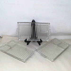 3 Pc Glass Luncheon Set Dessert Hors d'Oeurves Sandwich Mid-Century Ribbed - Picture 1 of 4