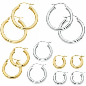 3mm Plain Hoop Earrings Solid Real 14k Yellow White Gold Oro Aretes Arracadas - Picture 1 of 9
