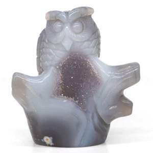 3.8" Owls Figurine Natural Gray agate Geode Crystal Carved Animal Craft Decor - Bild 1 von 6